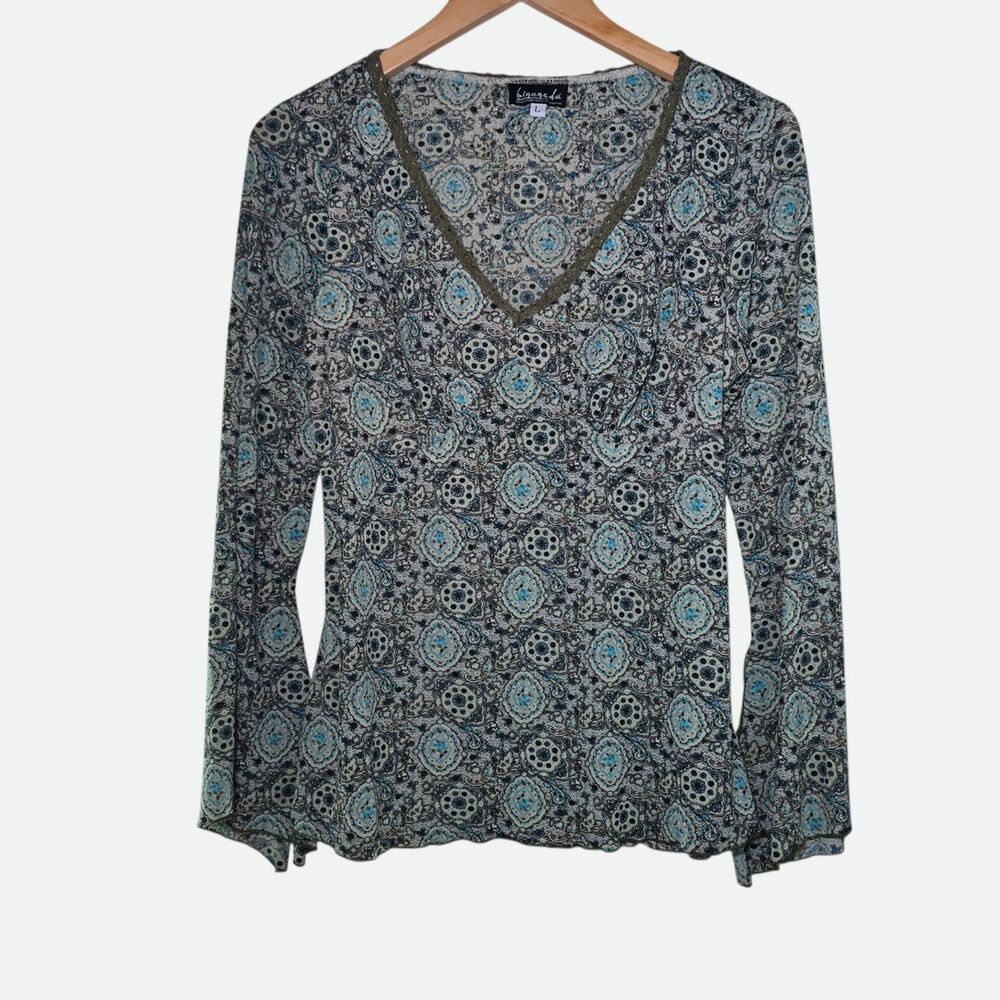 bigaycda V-Neck Bell Sleeve Top Large Vintage Y2K Boho Tile Print Back Tie USA